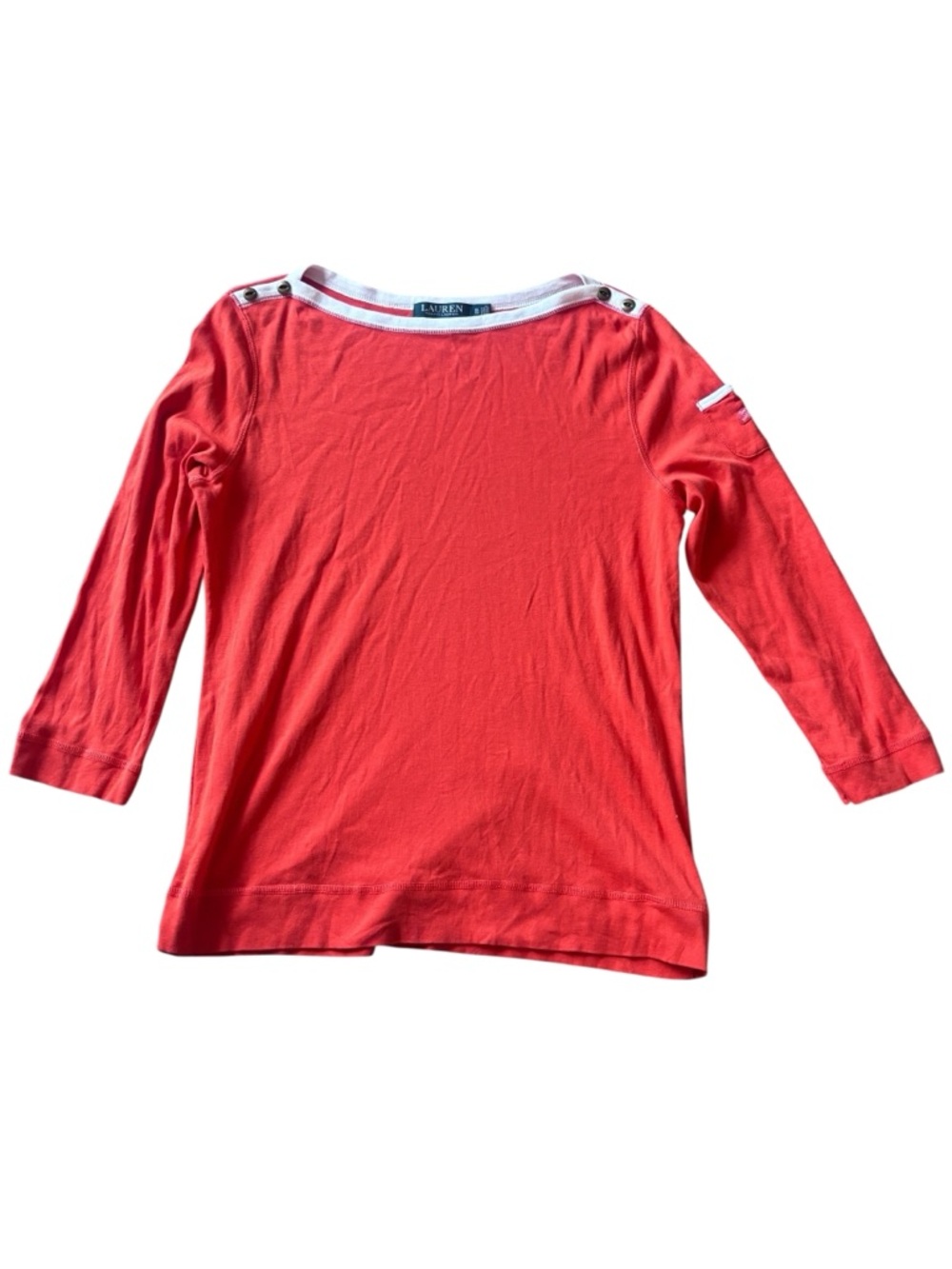 Lauren Ralph Lauren Orange Boat Neck Top XL 3/4 Sleeve Button Shoulder Casual